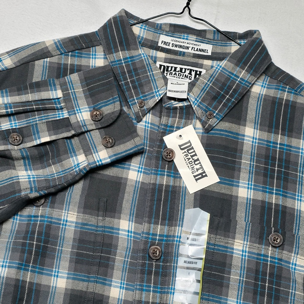 Duluth Trading Co Free Swingin Flannel Men's L Grey Blue Plaid Relaxed Fit Shirt